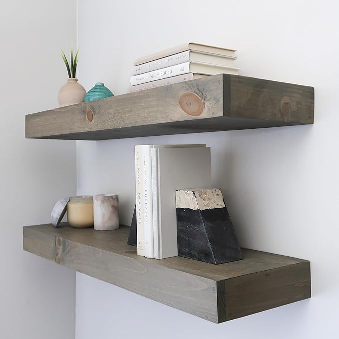 Modern Floating Shelves 3 Inches Thick for Wall, Wide Shelves for Kitchen, Living Room, Bedroom, and Bathroom, Natural Pine Wood, Rustic Wooden Shelf, (Set of 2) (Aged Barrel, 60Lx3Hx8D)