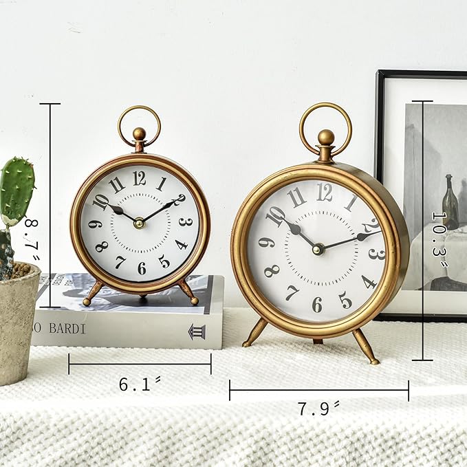 Vintage Small Table Clock on Stand, Decorative Desk and Shelf Clock Farmhouse Mantel Non-Ticking Clock Rustic Metal Frame with Antique Gold Finish 9.3 Inch