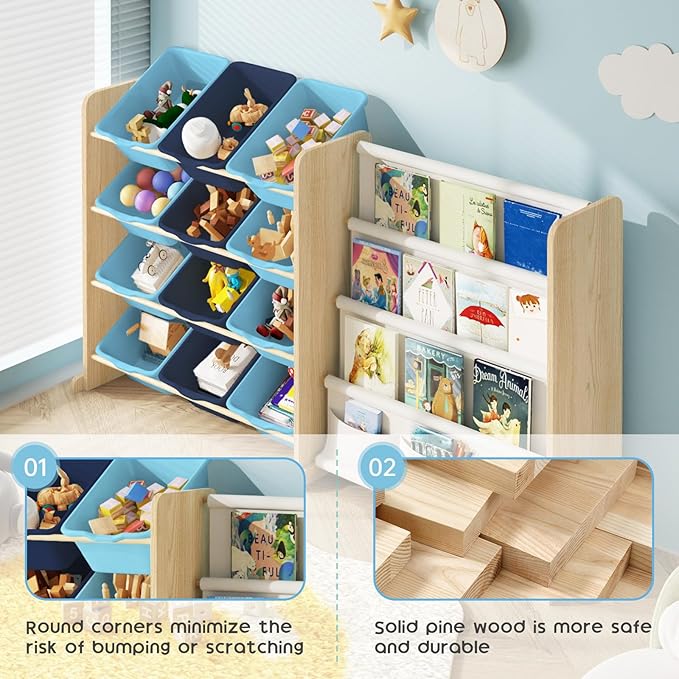 Kids Toy Storage Organizer - Toy Storage with Kids Bookshelf, Toy Organizer with 12 Blue Bins and 4 Book Shelves, Toy Organizers and Storage for Playroom, Nursery, Kids Room, Burlywood