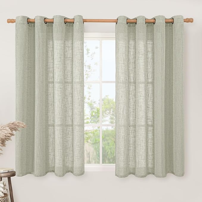 LAMIT Sage Grey Sheer Linen Curtains 54 Inch Length for Bedroom, Bronze Grommet Light Filtering Panels Neutral Drapes for Living Room/Window, 2 Panels Set, 52 x 54 Inch