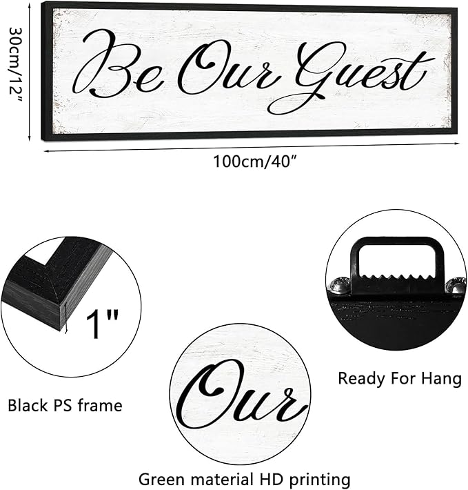 HLJ ART Be Our Guest Wall Decor: Farmhouse Bedroom Art Above Bed, 12" x 40" Framed Large Guest Room Signs, Rustic Country Decorative Plaques for Home Living Room Kitchen