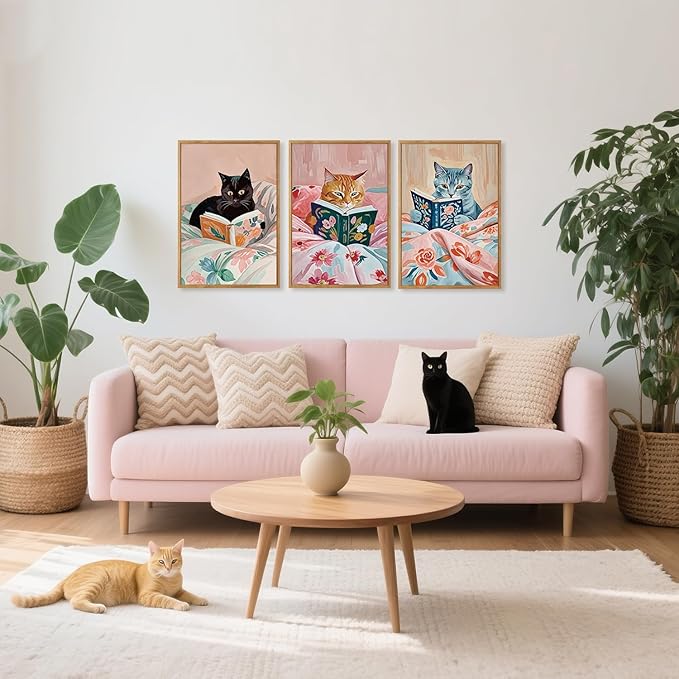 HPNIUB Framed Vintage Black Cats Canvas Wall Art, Funny Animal Reading Books Poster Printing Pictures, Pink Cute Cat Lovers Wall Decor for Girls Room Bedroom Kids Room Living Room Classroom- 16 x24 x3