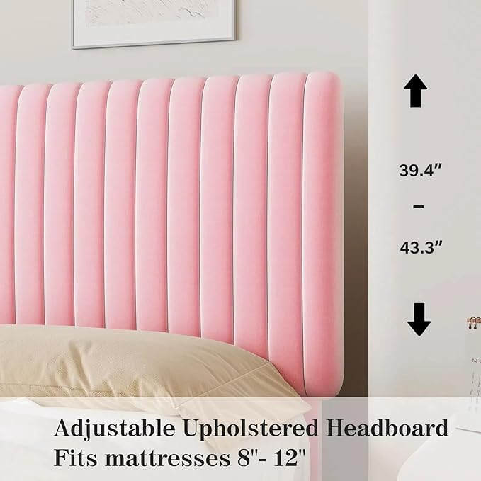Twin Size Bed Frame, Velvet Upholstered Platform Bed with Vertical Channel Tufted Headboard and Footboard, No Box Spring Required, Easy Assembly, Pink