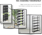 4NM No Assembly Foldable Bookshelf, 6-Shelf Collapsible Bookcase Storage for Small Spaces, 74" H, All Black