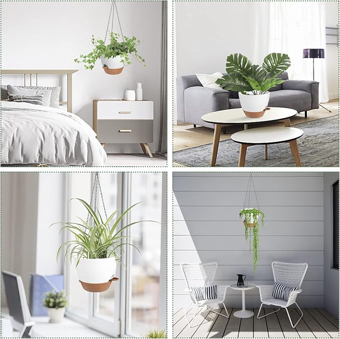 Hanging Planters for Indoor Outdoor Plants, 2 Pack Self Watering Hanging Pot with Drainage Holes & Removable Tray (White, 10'')