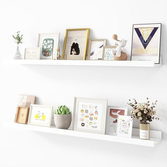 Picture Ledge Shelf, Wood Floating Shelves Set of 2, 36 inch Picture Ledge Shelves, Photo Ledge Nursery Book Shelves Wall Mounted for Living Room Kids' Room Bedroom, Color White