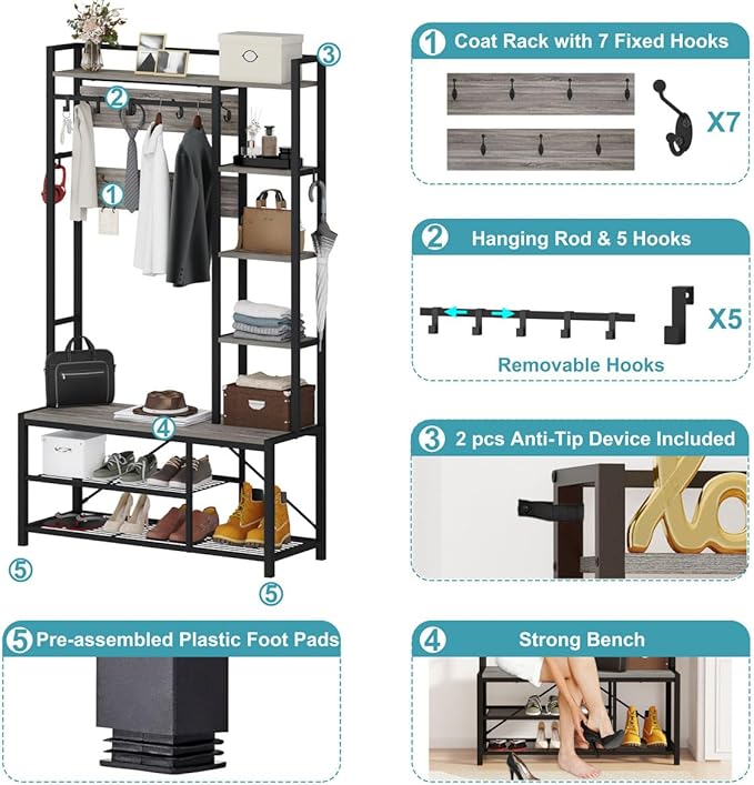 BON AUGURE Hall Tree with Bench and Shoe Storage, Entryway Bench with Coat Rack, Wooden Metal Coat Tree with Hooks, 5 in 1 Multifunctional Shoe Benches and Wall Rack (Dark Gray Oak)