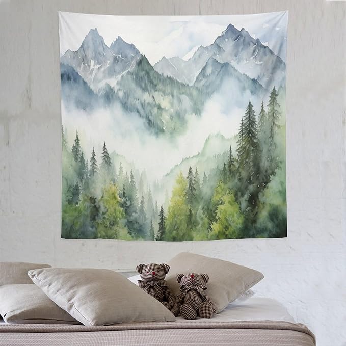 HZOHNAGO Mountain Tapestry Misty Green Forest Mountain Pattern Printed Wall Tapestry Wall Hanging for Bedroom Living Room Dorm 60" W x 60" H