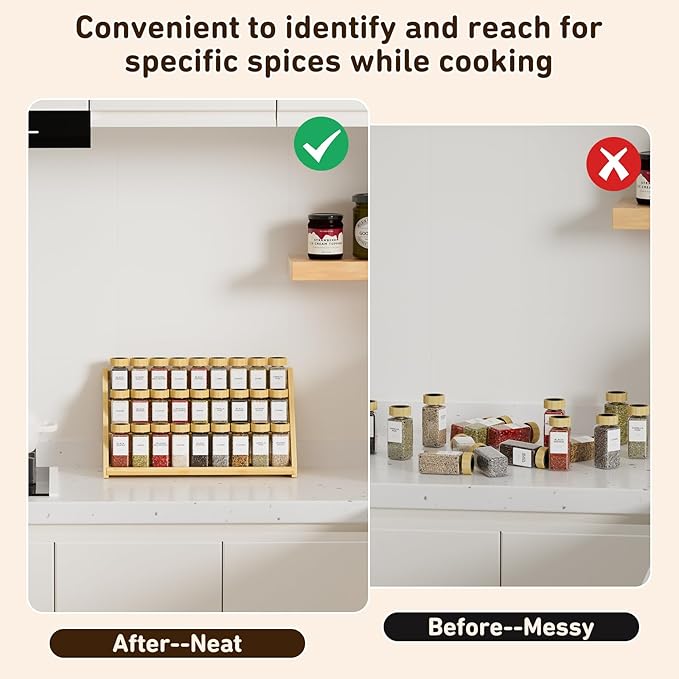 Bamboo Tiered Spice Rack, for Countertop Spice Organizer for Pantry Spice Shelf Organizer Kitchen Spices Rack
