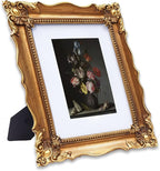 Vintage 8x10 Picture Frame with Embossed Flower, Ornate Gold Frame for 8x10 or 5x7 Photos with White Mat, Antique Photo Frame for Tabletop & Wall Hanging (Bronze)
