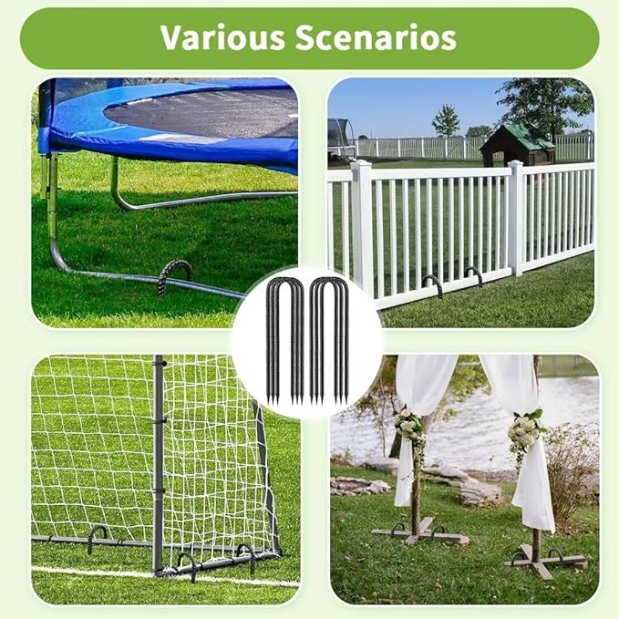 Ground-Stakes-Heavy-Duty-12 inch, U-Hook Rebar Stakes Black Coated Anti-Rust 6pcs Garden Stakes Metal Ground Anchors for Garden Dog Fence Chicken Coop Christmas Decorations Deer Fence