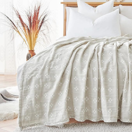 jinchan Boho 100% Cotton Blanket Muslin Twin Size 60x80 Inches Lightweight 3-Layer Geometric Cross Pattern Reversible Quilt Throw Soft Breathable Comfy All Seasons for Couch Bed Decor, Light Grey