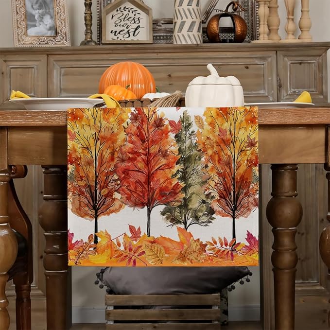 GEEORY Fall Watercolor Trees & Maple Leaves Table Runner 13x72 Inch, Rustic Farmhouse Autumn Thanksgiving Decor for Kitchen, Dining, Indoor/Outdoor Holiday Dinner Party Orange Red GT160-72