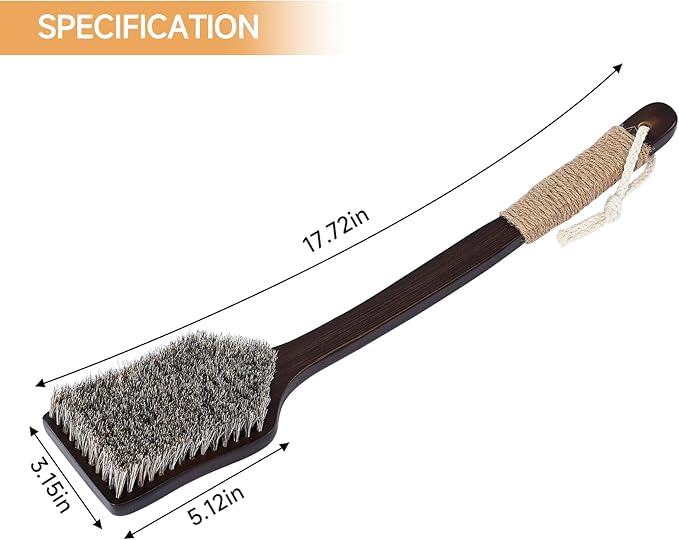 Back Scrubber Shower Brush,Dry Brushing Body Brush with 17.7 Inch Curved Long Handle, Natural Bristles for Lymphatic Drainage, Soft & Stiff Bristles Available (Medium-Soft Horsehair)