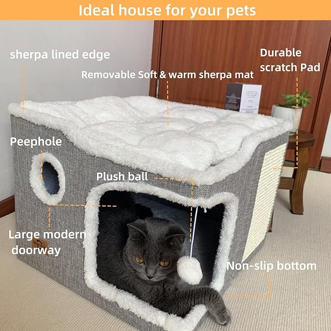 Cat Bed for Indoor Cats,Covered Cat Cave House & Furniture with Scratch Pad,Foldable Cat Hideaway Hut Cute Cat Condo with Soft Washable Mat for Multi Small Pet Under 30 lbs,Light Grey