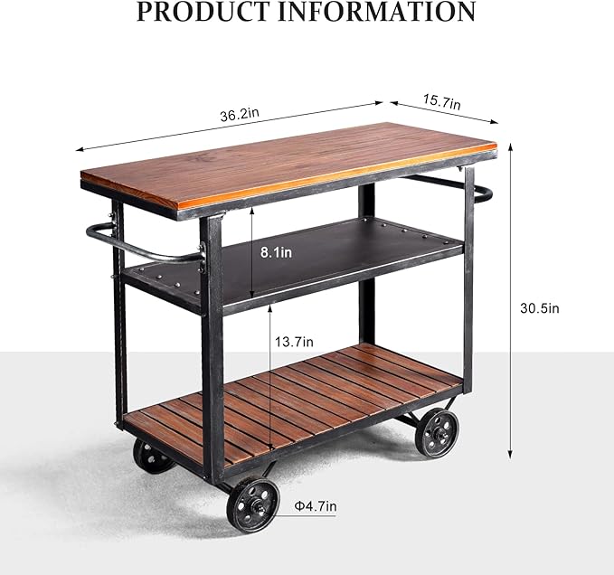 Diwhy Industrial 3 Tier Rolling Utility Storage Cart Wine Beverage, Metal Wine Rack with Wheels Kitchen Bar Dining Room Tea Wine, Storage Cart with Wood