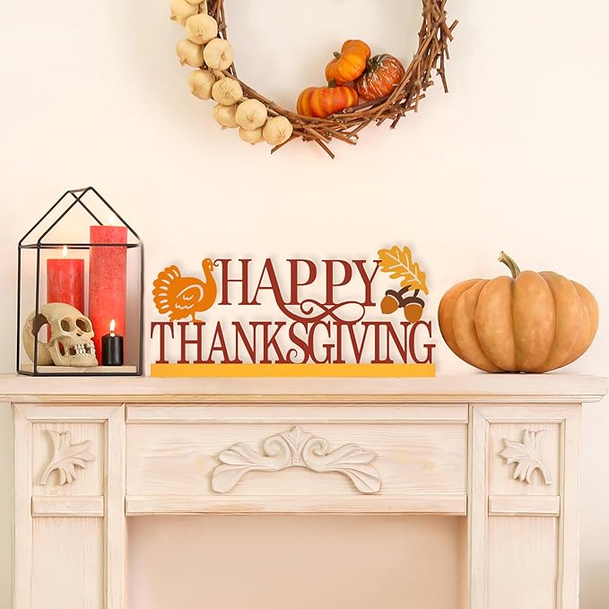COCHIE Metal Happy Thanksgiving Sign, Fall Leaves Turkey Table Centerpieces Decorations for Home, Office, Shelf, Mantel, Indoor, Traditional Party Supplies Decor (Thanksgiving)