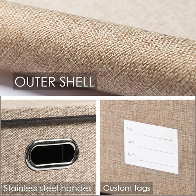 PRANDOM Storage Bins with Lids [3-Pack] Jute Fabric Foldable Storage Boxes Organizer Containers Baskets Cube with Cover for Home Bedroom Closet Office Nursery khaki（11.4X8.6X6.7
