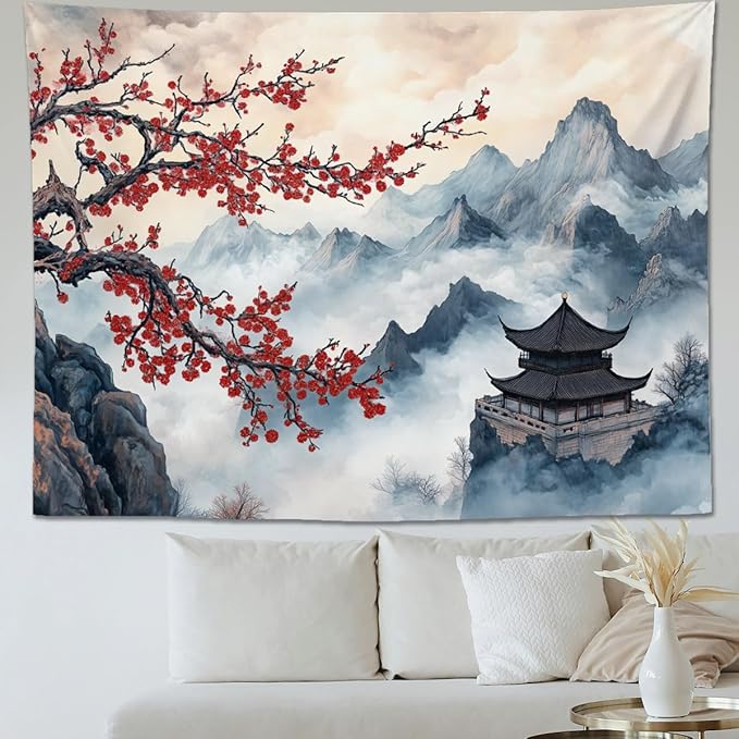 keowhsf Japanese Tapestry Aesthetic Wall Decor – Watercolor Ink Landscape with Red Plum Blossoms and Misty Mountains, Asian Art Hanging for Bedroom, Living Room, Dorm