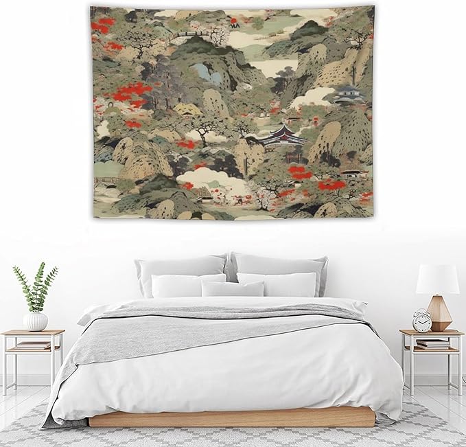 Asian Tapestry, Japanese Red Landscape, Bedroom & Living Room Decor, 40"x30"