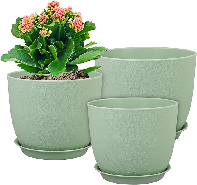 Large Plant Pots 12/10/9 inch, Set of 3 Modern Decorative Plastic Planters with Drainage Holes and Saucers, Flower Pots for Indoor Outdoor Plants, Green