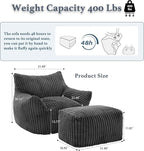 Oversized Bean Bag Chaise Lounge Chair Indoor for Adults with Armrests & Ottoman - Giant Comfy Gray Beanbag Floor Sofa Cloud Accent Chair for Reading, Gaming, Cozy Plush Cloud Mini Couch