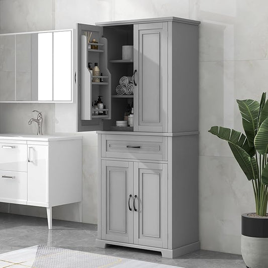 72.2" Tall Storage Cabinet with 4 Doors and Drawer, Freestanding Linen Cabinet, Wooden Pantry with Adjustable Shelf for Kitchen, Bathroom, Living Room, Grey