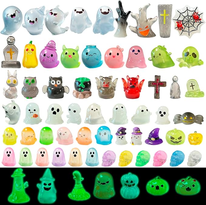 72 Pcs Halloween Mini Resin Animals Figures Kit - Luminous Tiny Resin Figurines Accessories, Glow in The Dark Miniature Ghost Figurines for Halloween Party, Micro Landscape, Tabletop Decor