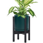 D'vine Dev Ceramic Planter with Ebony Stand - 8 Inch Modern Round Flower Pot with Wood Planter Holder, Teal, 55-B-M-4