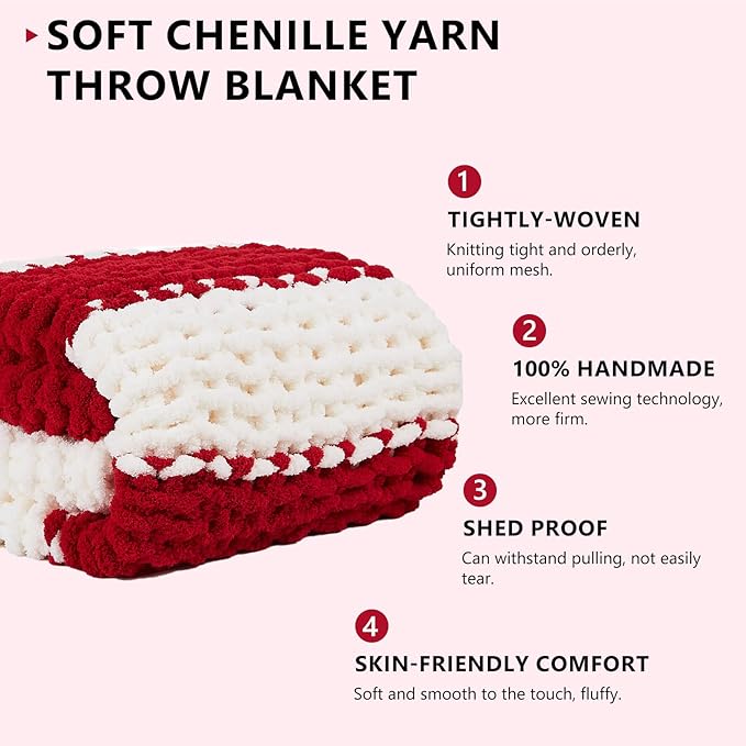 L'AGRATY Chunky Knit Blanket Throw - Soft Chunky Throw Blanket 40x50: 100% Hand Kintted Chenile Crochet Throw Blanket for Couch - Large Cable Knit Chunky Blanket for Home Decor(Red and White)