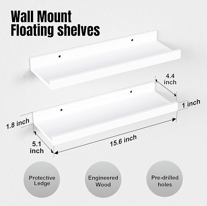 RICHER HOUSE 3 Set White Floating Shelves, Wall Mounted White Shelves for Wall Decor, Picture Ledge Shelf with Lip for Wall Storage Nursery, Bedroom, Living Room, Bathroom - White