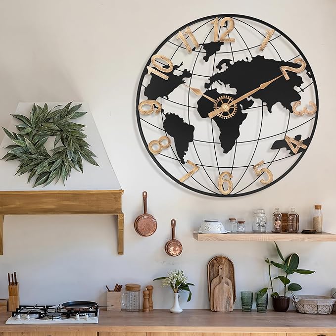 24 Inch Large Wall Clock for Living Room Decor,Big Modern Decorative Silent Metal World Map Wall Clock with Vintage Gold Arabic Numeral for Office,Living Room,Kitchen,Dining Room