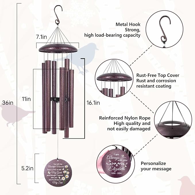 ASTARIN 36" Large Deep Tone Personalized Sympathy Wind Chimes, Memorial Wind Chime for Loss of Mother Father Loved One, Bereavement Gifts Decor Outdoor Patio Garden Graveyard
