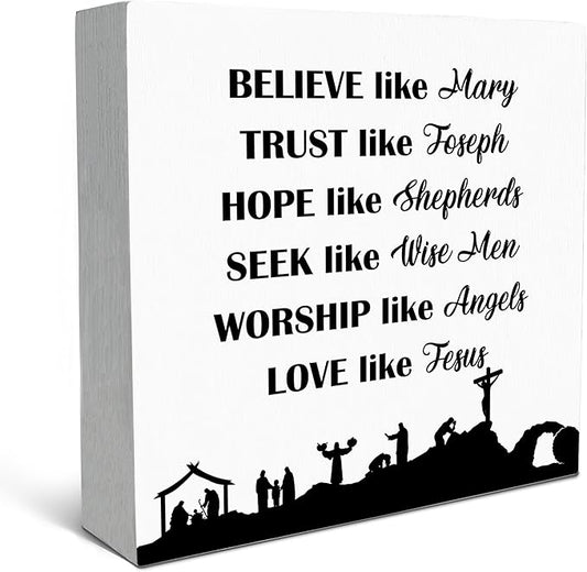 SRADMO Christian Signs for Home Decor, Inspirational Bible Verse Wood Box Sign Desk Decor, Bible Verse Decor, Christian Theme Wooden Block Box Sign Decoration for Home Office Shelf Table Decor