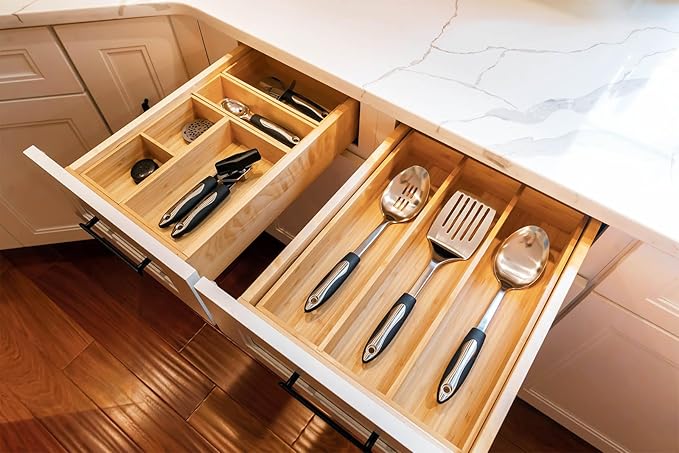 Umilife Bamboo Kitchen Utensils Organizer, Extra High Silverware Drawer Tray, Flatware Cutlery Storage Box, Multi-Use Holder in Office, Bathroom, Pantry - 15"x6"x2.5" (Set of 2)