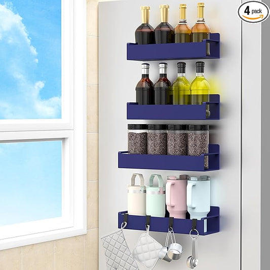 4 Pack Magnetic Spice Rack Organizer for Refrigerator and Oven, Dark Blue Fridge Organizers and Storage for Kitchen