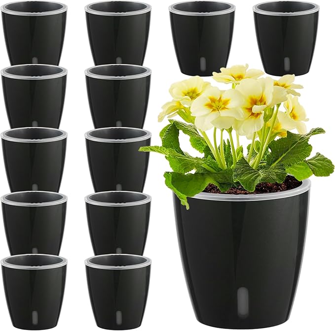 Self Watering Pots for Indoor Plants, 12-Pack 5'' Self Watering Planter with Drainage Holes, Small African Violet Pots with Water Level Indicator, Clear Wick Pot, Black