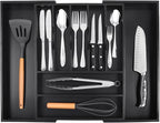 Bellsal Large Premium Bamboo Silverware Organizer - Expandable Utensil Drawer Organizer - 17"x19.6" Utensil Holder and Cutlery Tray with Grooved for Kitchen Flatware and Utensils(7-9 Slot, Black)