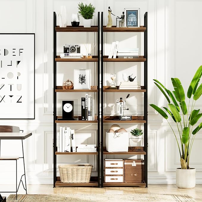 NUMENN Narrow Bookshelf, 6 Tier Bookshelves, Home Office Bookcase Shelf Storage Organizer, Free Standing Storage Shelving Unit for Bedroom, Living Room and Home Office, Vintage