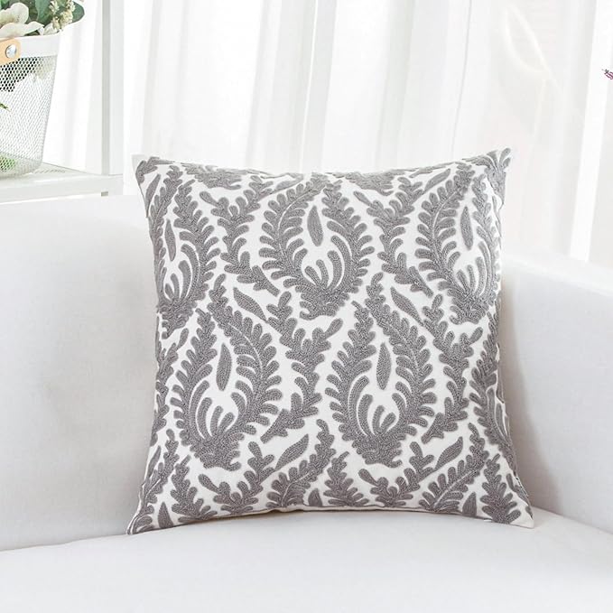 HWY 50 Grey Gray Decorative Throw Pillow Covers 18x18 Inch (1 Piece), Embroidered Cotton Farmhouse Cushion Cover Pillow Case for Sofa Couch Living Room Bed Bedroon, Floral Branches