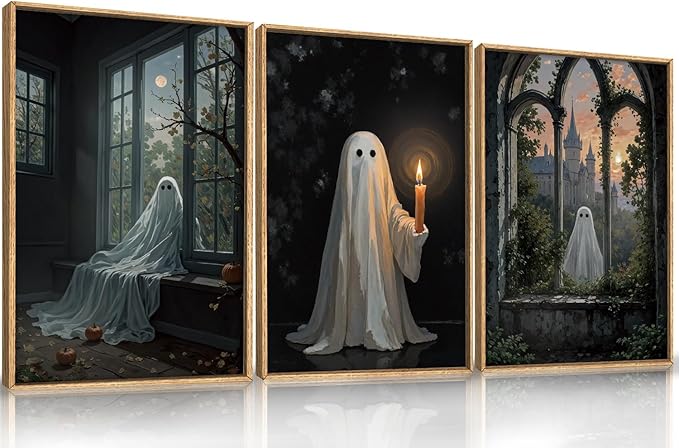 LHIUEM Large Halloween Cute Ghost Framed Canvas Wall Art Set,Vintage Spooky Wall Decor,Retro Dark Prints,Midnight Candle Poster Artwork for Living Room,Bathroom,Dining Room -16"x24"x3