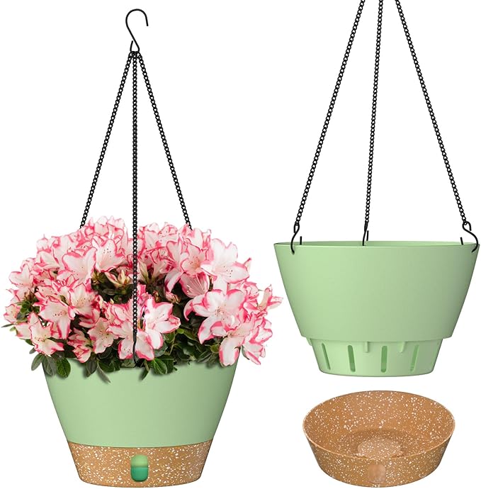 ZMTECH 8 Inch Hanging Planters for Indoor Plants, Hanging Baskets for Plants Outdoor with Visible Water Level, Hanging Flower Pots with Drainage Holes & Removable Tray(2 Pack, Green)