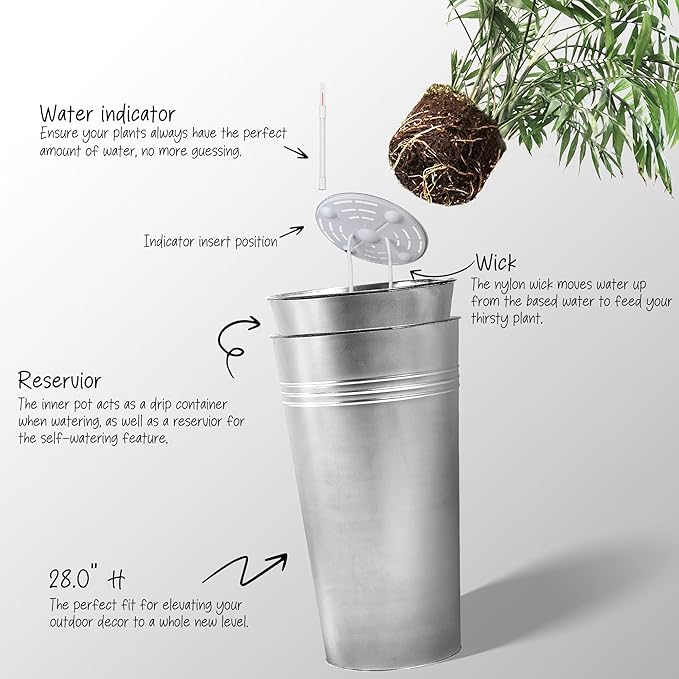 KOL 28'' Tall Galvanized Steel Planter Pot - Flower Pot with Water Level Indicator for Plants - 2-Pack Self Watering Planters - Round Silver Powder Metal Planter Box - Indoor Outdoor Grande Plant