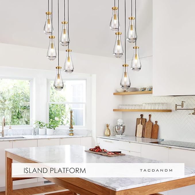 5-Light Raindrop Pendant Light Fixtures, Brass Glass Pendant Lighting, Teardrops Modern Hanging Light for Entryway Foyer Kitchen Island Dining Living Room Hallway