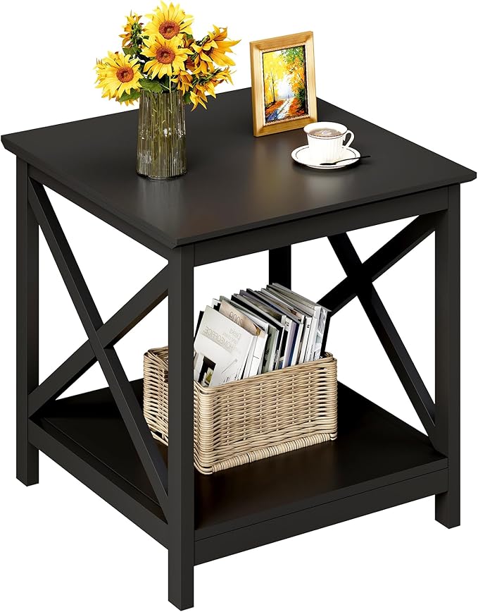 ChooChoo End Table, 24 Inch End Table with 2-Tier Storage Shelf, Side Table for Living Room, Wood Nightstand for Bedroom, Office, Painted Surface, Black