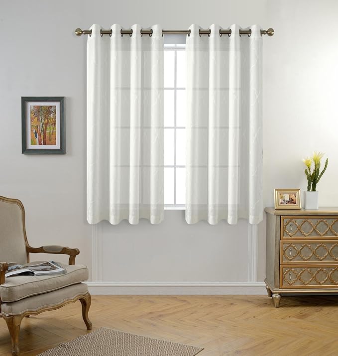 MIUCO Moroccan Embroidery Semi Sheer Curtains Faux Linen Grommet Curtains for Bedroom 52 x 63 Inch 2 Panels, Off White