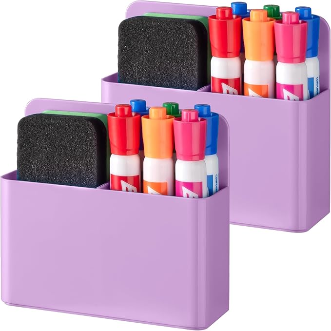 BEYGORM 2 Pack Plastics Magnetic Pen Holder for Refrigerator, Dry Erase Marker Holder for Whiteboard，Magnet School Locker Organizer Accessories, Pencil Cup, Pen Caddy, Classroom Organization(Purple)