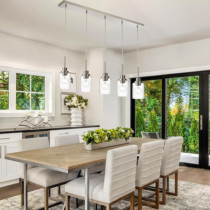 Lighting Contemporary Brushed Nickel Linear Chandelier Pendant Light 5 Lights Clear Seeded Glass Farmhouse Pendant Lighting Modern Dining Room Light Fixture for Living Room Kitchen Island