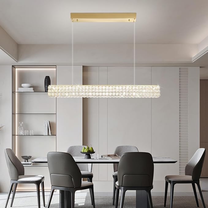 Rectangle Crystal Chandelier Modern Gold Crystal Chandelier Rectangular Pendant Lighting Fixture for Dining Room Kitchen Island Bedroom (L 40")