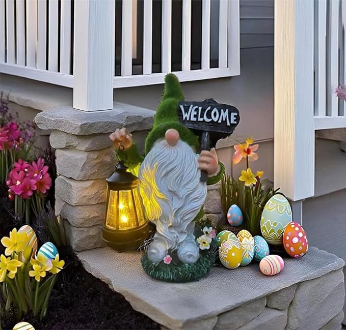 Solar Gnome Outdoor Garden Fall with Solar Lantern - 11’’Halloween Autumn Welcome Gnomes Decorations for Yard Patio (Green & White)